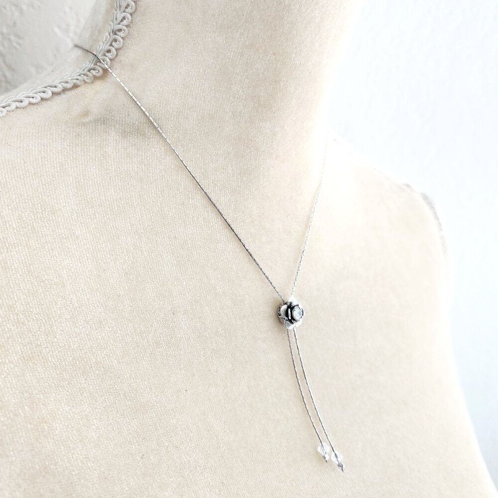 Crystal Glass Flower Floral Lariat Style Israel 925 Sterling Silver Necklace